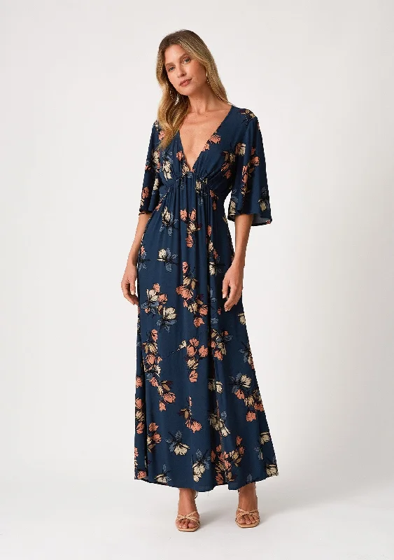 Effortlessly chic outfits for the modern woman   Dark Teal Floral Deep V-Neck Short Sleeve Front Slit Maxi Dress