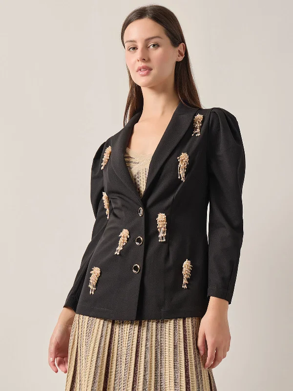 Sleek and sophisticated fashion for modern women   Modern Fit Beaded Applique Button Front Blazer
