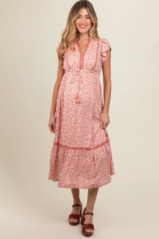 Iconic women’s outfits that never go out of style   Salmon Floral Lace Trim Maternity Midi Dress