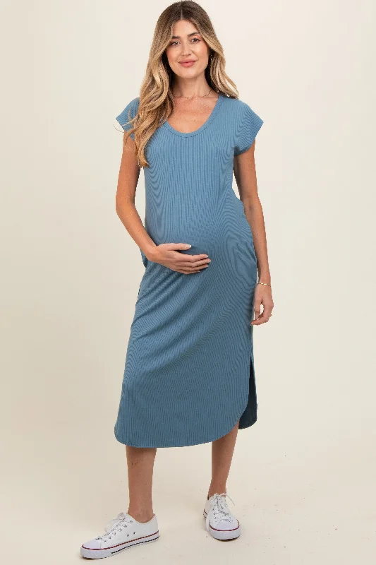 Sleek and sophisticated fashion for modern women   Blue Rib Knit Scoop Neck Maternity Midi Dress
