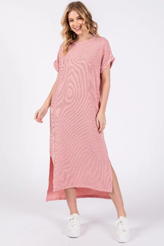 Affordable stylish women’s fashion collection   Light Pink Ribbed Short Sleeve Midi Dress