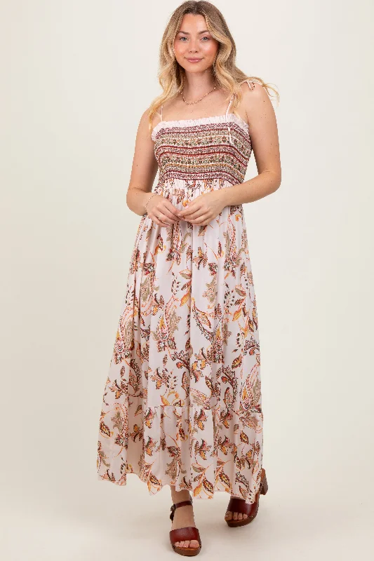 Modern fashion pieces designed for all women   Ivory Paisley Shoulder Tie Smocked Maxi Dress