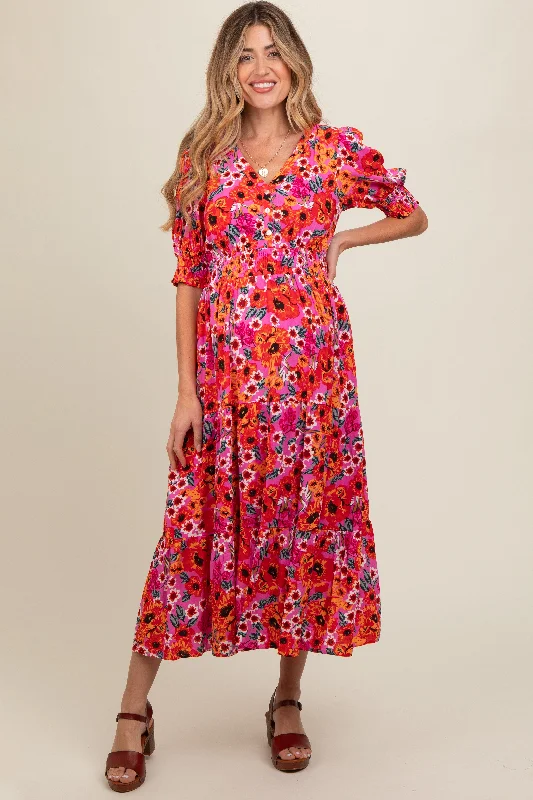 The ultimate guide to stylish women’s fashion   Fuchsia Floral Button Front Smocked Waist Tiered Maternity Midi Dress