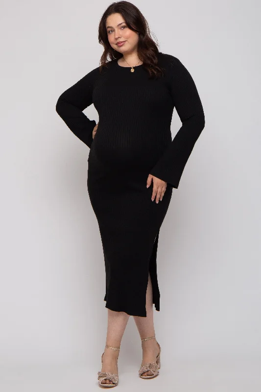 Casual outfits that elevate your style   Black Ribbed Side Slit Maternity Plus Maxi Dress