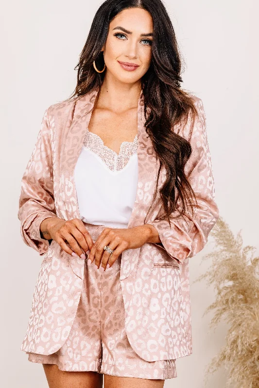 Comfortable yet fashionable women’s wear   Established Confidence Blush Pink Satin Leopard Blazer
