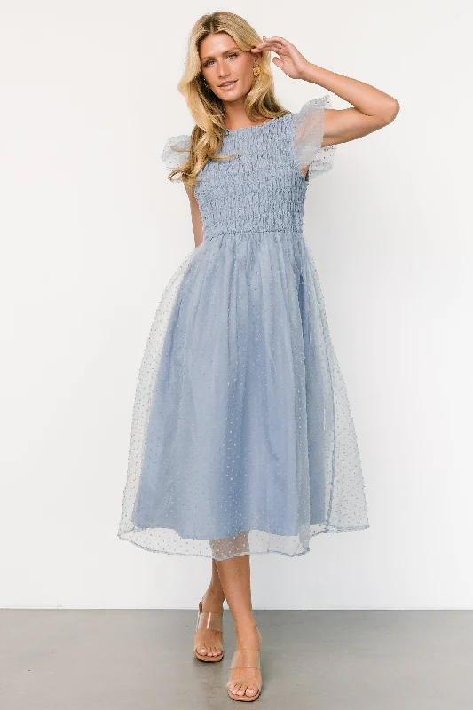 Create a timeless wardrobe with fashionable pieces   Alice Dot Midi Dress | Dusty Blue