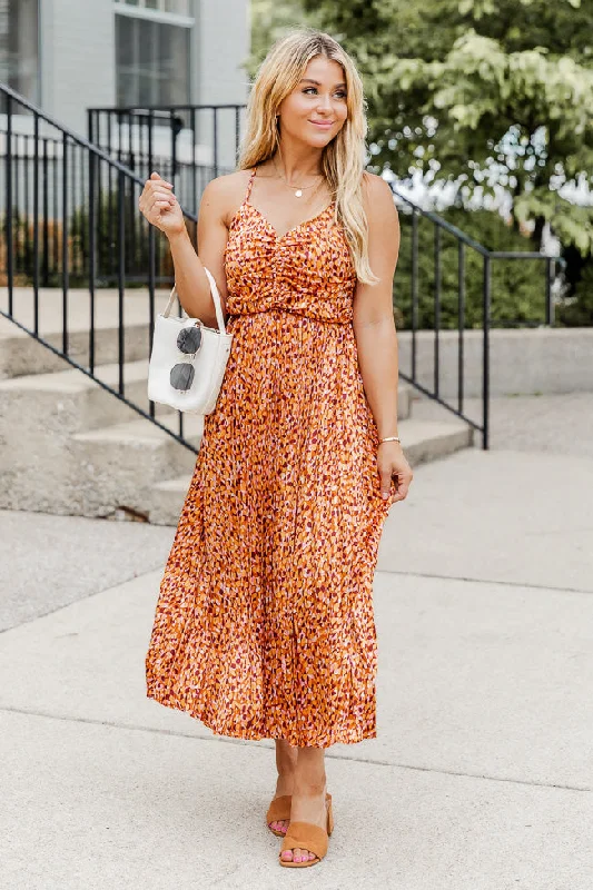 Fashionable women’s clothing that makes you shine   Nothing You Can't Do Orange Multi Printed Pleated Ruched Bust Midi Dress FINAL SALE