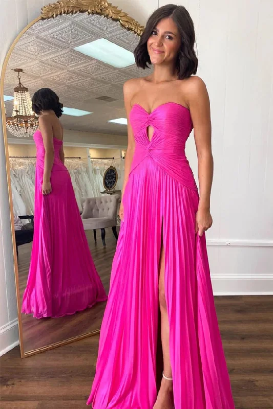 Hot Pink Strapless Keyhole Pleated A-Line Prom Formal Dress PSK481