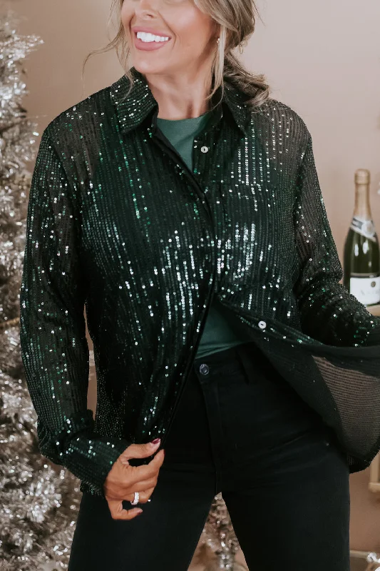 Give Me Sequin Button Up Blouse , Green