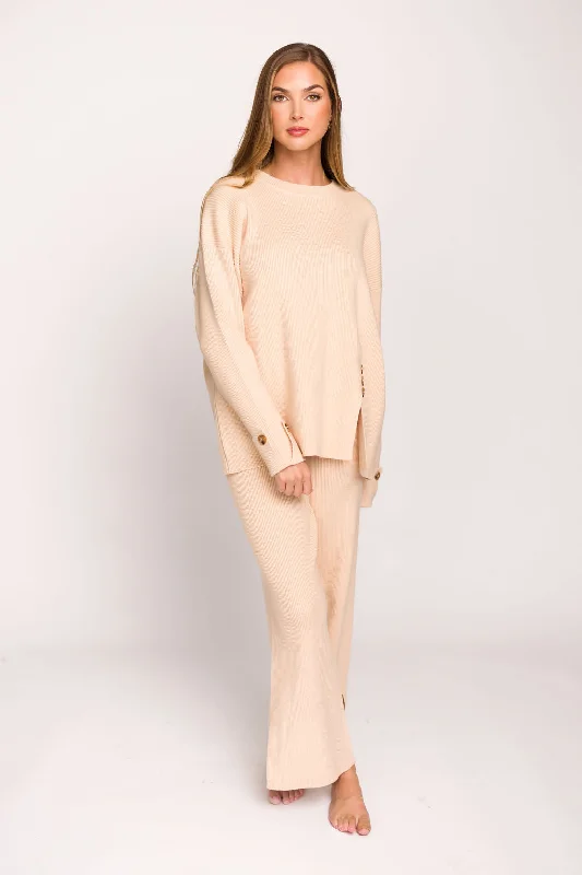 Theresa Side Button Detailed Knit Sweater and Pants Set in Champagne