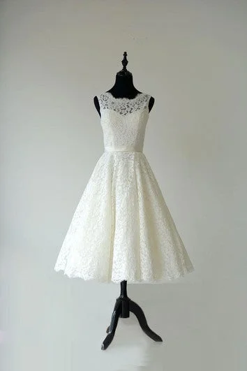 Sleeveless A-Line Tea Length Lace Dress With Low-V Back and Satin Sash