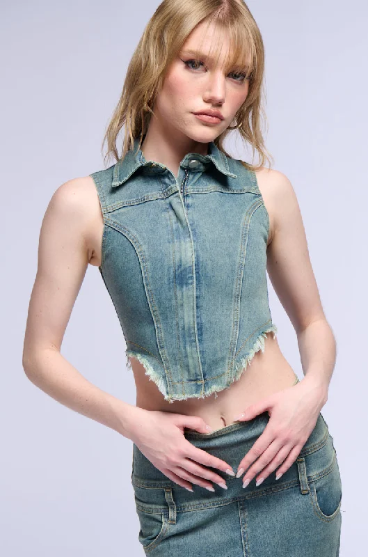 STERLING SLEEVELESS DENIM COLLARED TOP