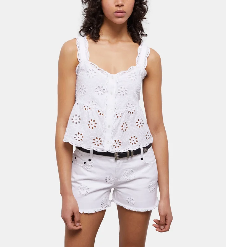 White Denim Shorts With Broderie Anglaise