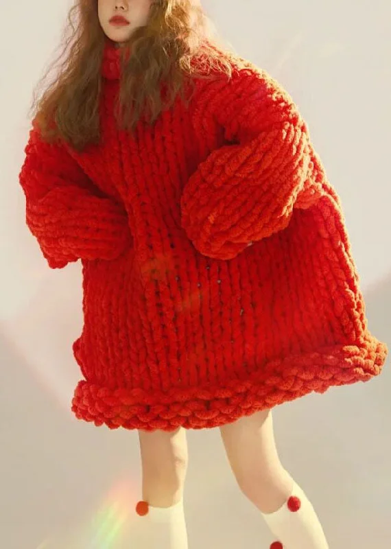 Stylish plus-size clothing for women   Loose Red Turtleneck Cozy Cable Cotton Knit Sweater Fall
