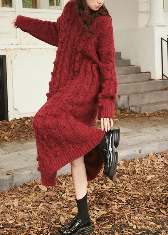 Bold and beautiful clothing for every woman   Natural Purplish Red O-Neck Cable Cotton Knit Sweater Maxi Dress Long Sleeve