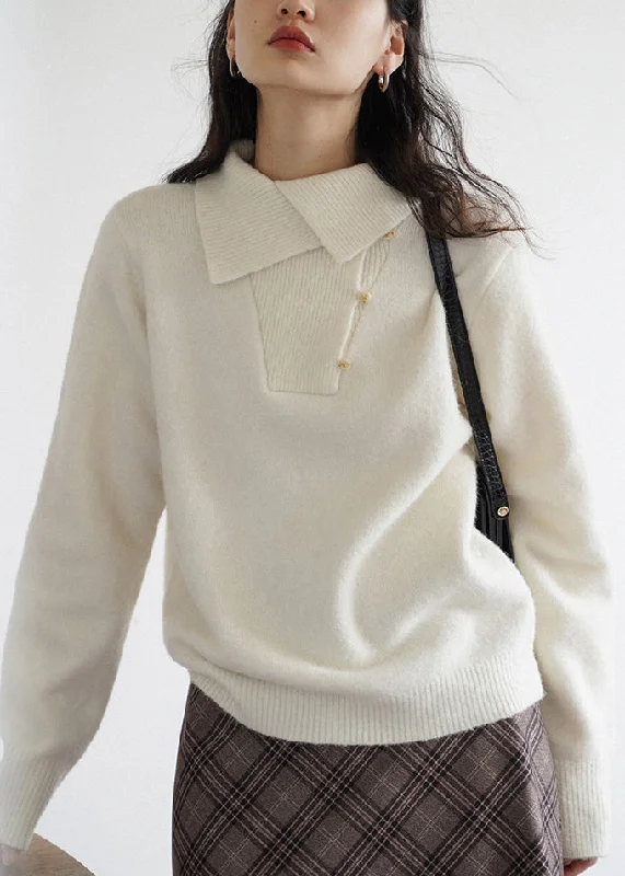 Affordable stylish women’s fashion collection   New White Button Patchwork Cozy Knit Sweaters Fall