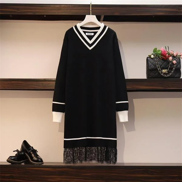 Stylish clothing designed to flatter every woman   Patchwork Lace Sweater Dresses Women's Long Sleeve V Neck Mini Straight Ladies High Street  Knitting Dresses