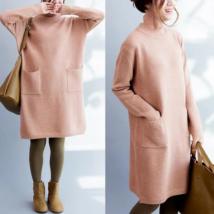 Pink sweater dress turtle neck long sweaters woolen pullover knit dresses