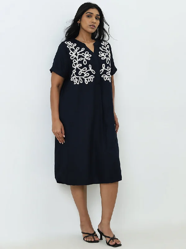 Gia Navy Leaf Embroidered Straight Dress