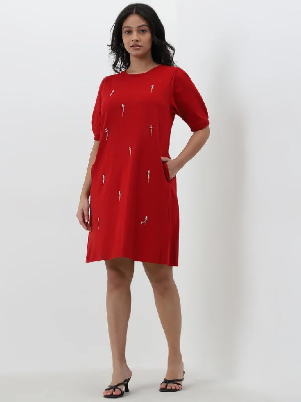 Gia Red Embellished A-Line Cotton Dress