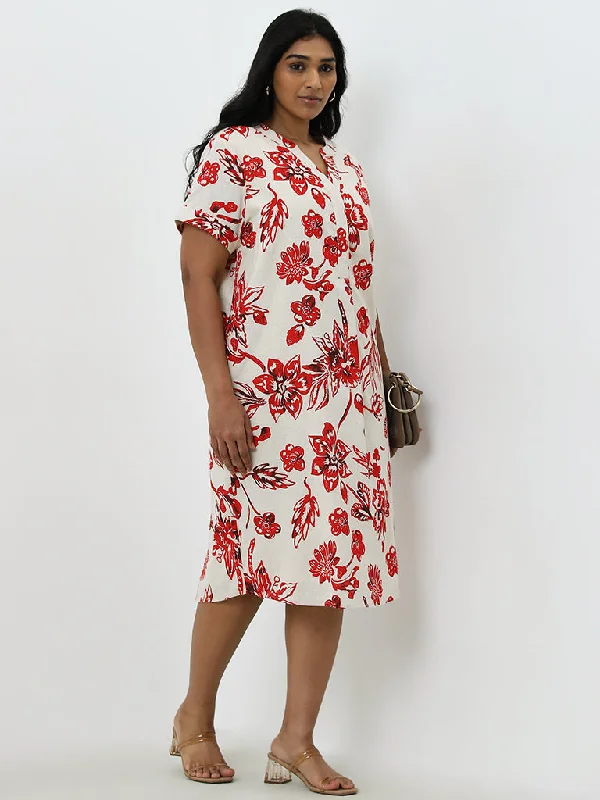 Gia Red Floral Printed Cotton Blend Straight Dress