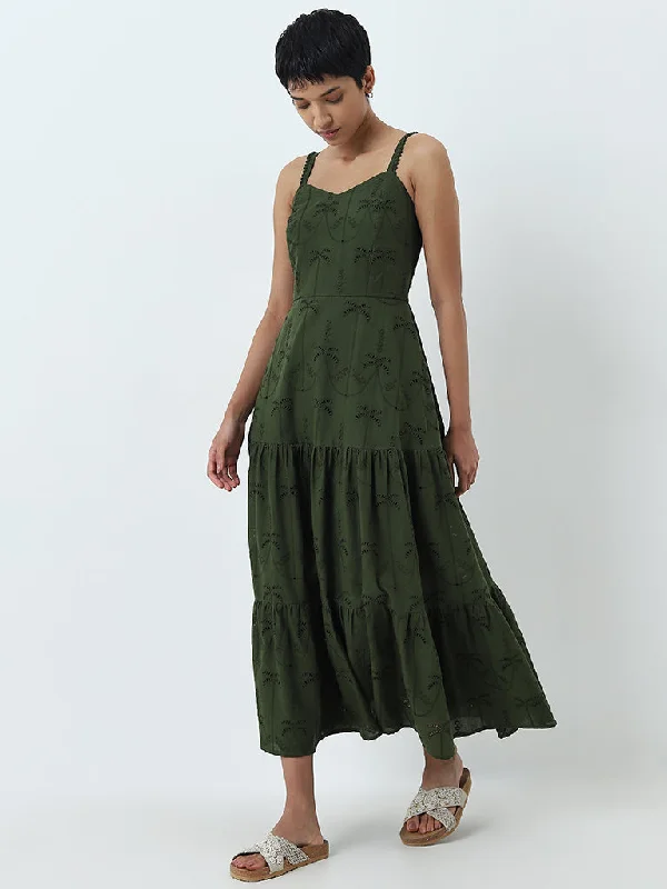 LOV Green Schiffli Design Tiered Cotton Dress