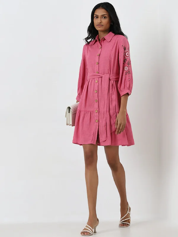 LOV Pink Floral Embroidered Shirt Dress with Belt