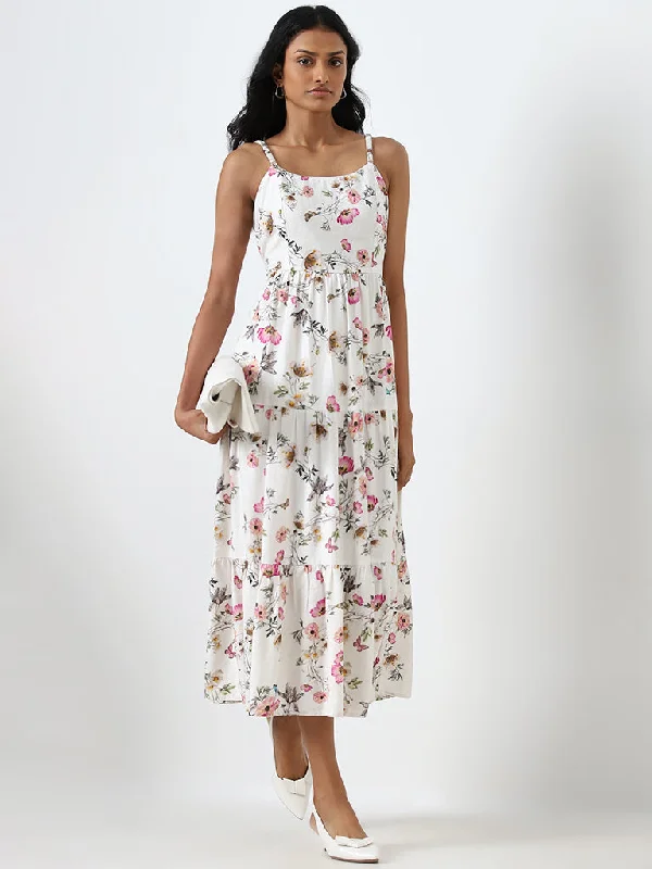 LOV White Floral Printed Linen Blend Tiered Dress