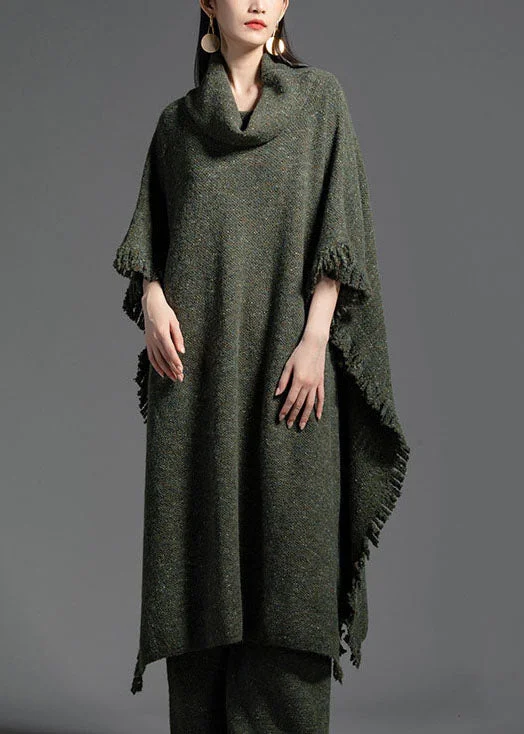 Plus Size Green Turtle Neck Side Open Wool Knit Dress Winter