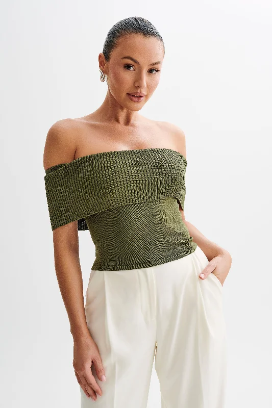 Iconic women’s outfits that never go out of style   Susanna Off Shoulder Knit Top - Military Olive