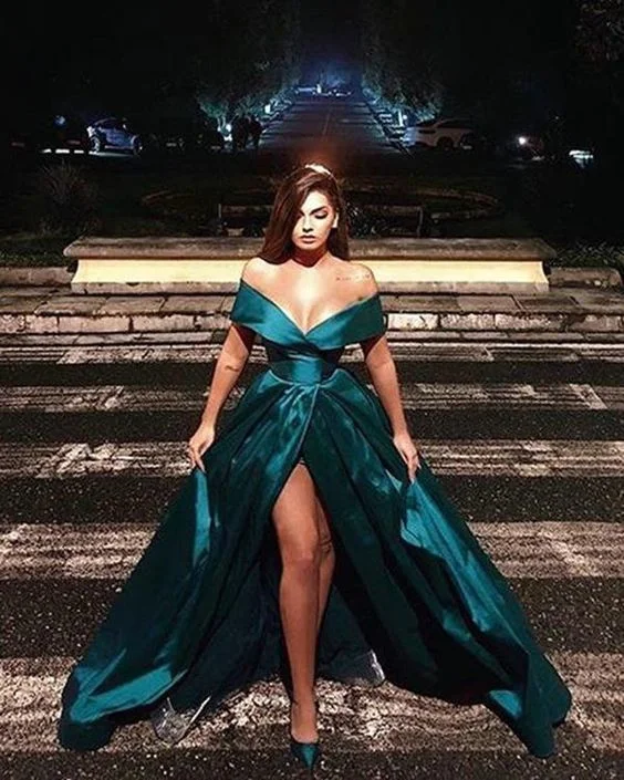 Soft, breathable fabrics for fashionable women   Hunter Green Elastic Satin Prom Dresses Split Long Prom Party Gowns Fashion   cg14848
