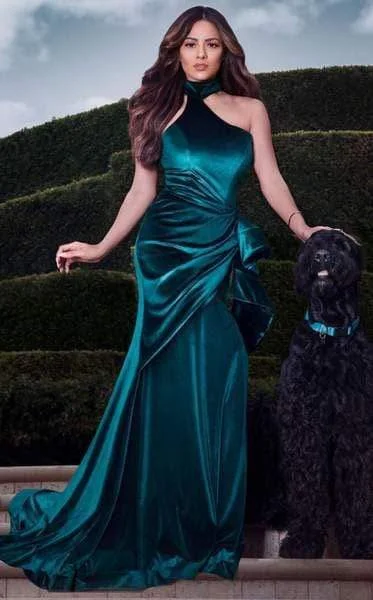 Comfortable yet fashionable women’s wear   MNM Couture - L0038 Asymmetrical Choker-Style Wrap Velvet Gown