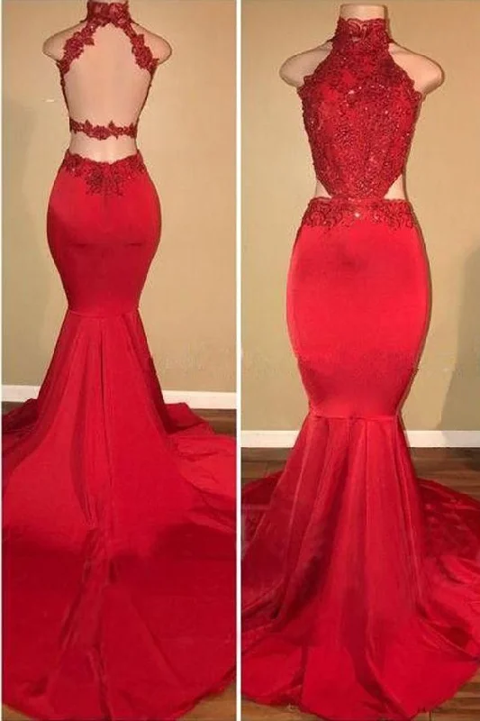 Step into style with our women’s clothing collection   Red Lace Mermaid Halter Long Prom Dress, Formal Dress, Party Dress   cg14885
