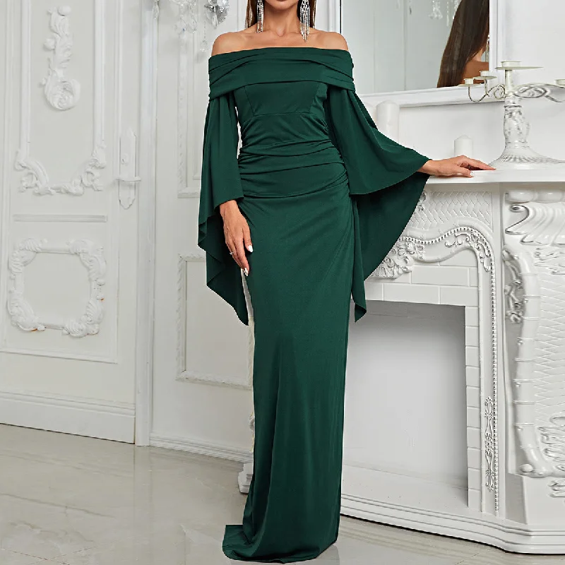 Women’s clothing that combines comfort and style   NiDELL New Evening Dress Foreign Trade off-Shoulder Long Sleeve Slim Fit Slit Dress Banquet Dress-Mgx572