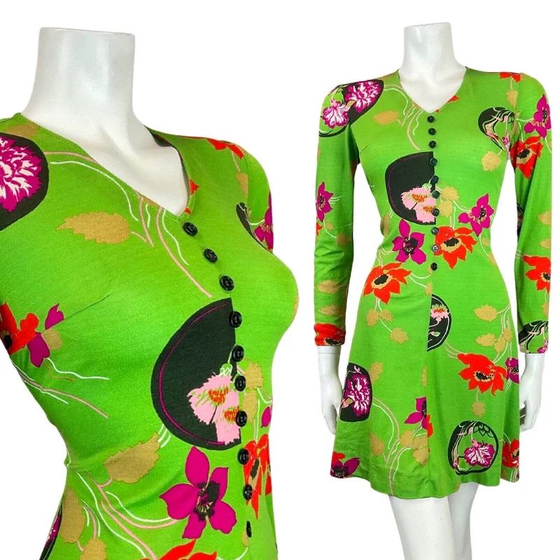 Women’s clothing that combines comfort and style   VINTAGE 60s 70s GREEN RED BLACK FLORAL BUTTON-UP SKATER SWING DRESS 8 10