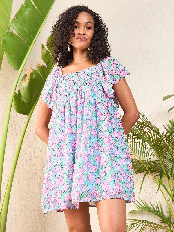 Fashion-forward women’s clothing on a budget   Women Pink Tulip Print Smocked Short Dress