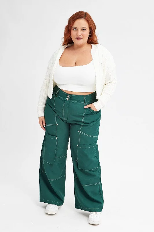 Green Cargo Pant Wide Leg Contrast Stitch